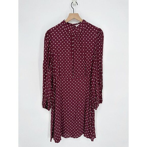 Mango MNG Flowy Polka Dot Mock Mini Dress Balloon Sleeve Burgundy Women's 12 NEW - Picture 2 of 9